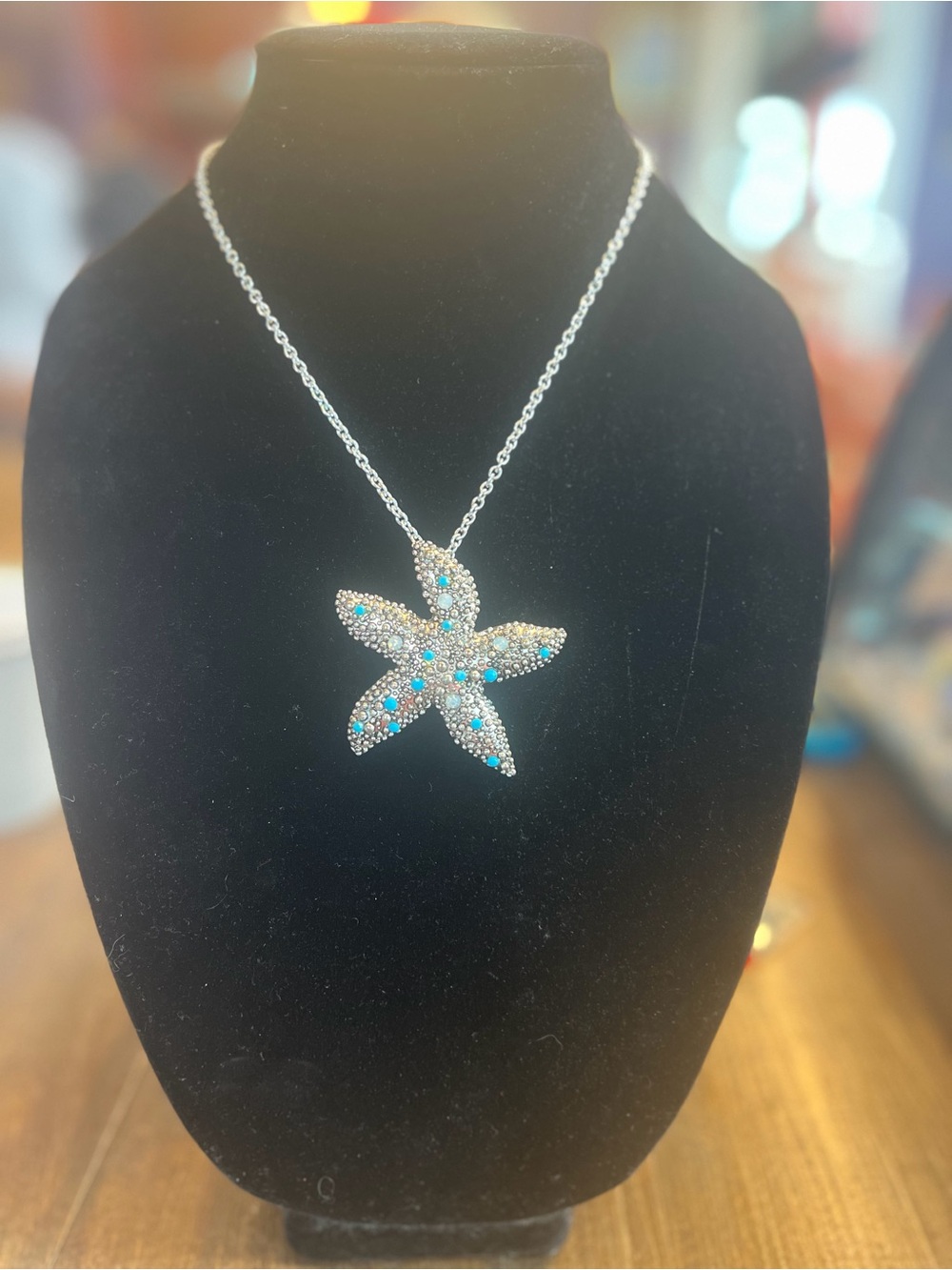 Silver-Tone Starfish Pendant Necklace with Turquoise & Crystal Accents
